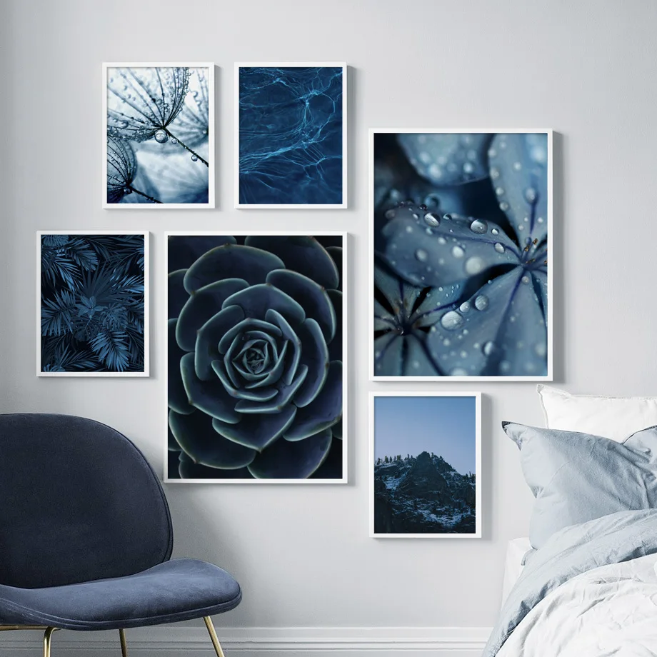 Голубой Одуванчик суккуленты листья монстеры настенная живопись на холсте