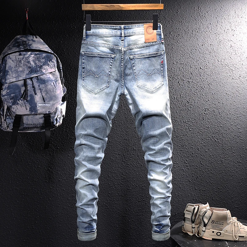 Italian Style Fashion Men Jeans Retro Light Blue Elastic Slim Fit Ripped Jeans Men Vintage Designer Casual Denim Pencil Pants