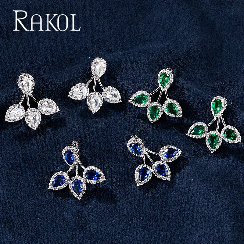 RAKOL Новая мода красивые капли воды форма кубический циркон прекрасные свадебные серьги гвоздики для женщин вечернее платье ювелирные изделия RE522965