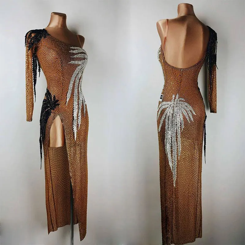 

Brown full rhinestone Latin dress high fork skirt stage costume latin dance competition dresses ChaCha tango rumba dance costume