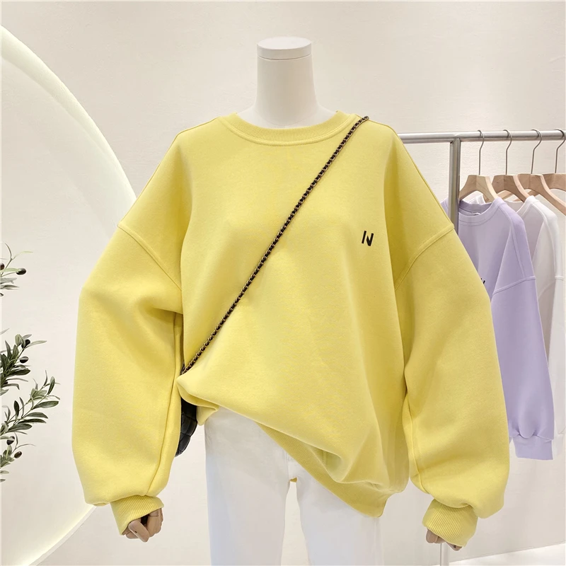 

Winter Fall Women Long Oversize Basic Sweatshirt 2021 High Quality Simple Crew Neck Cotton Blend Track Pullovers Tops Yellow