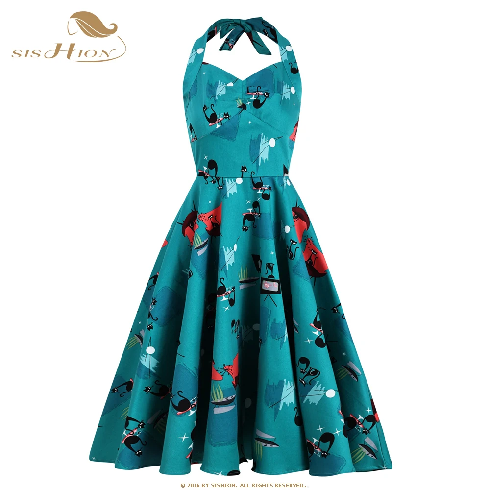 

Хлопковое платье SISHION с принтом кошек и черепов для Хэллоуина с цветочным принтом VD2344 элегантное сексуальное винтажное платье с лямкой на ш...