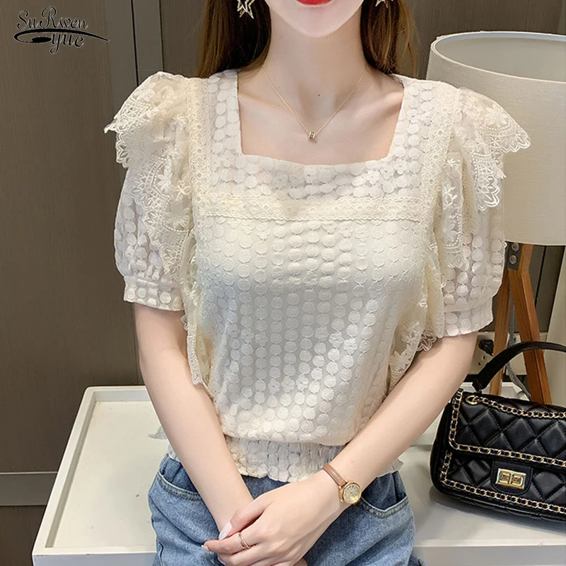 

Женская ажурная блузка с коротким рукавом, блузка свободного покроя с квадратным вырезом и оборками, лето 15909