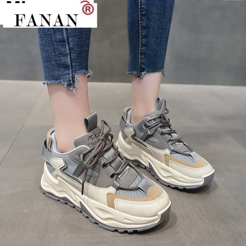 

2021 Spring New Women's Chunky Sneakers Fashion Platform Shoes Lace Up Round Head Breathable Women Vulcanize Shoes Dad Shoes