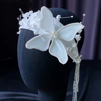 bridal butterfly flowers hair band vintage white satin tassel headband wedding dress hair accessories
