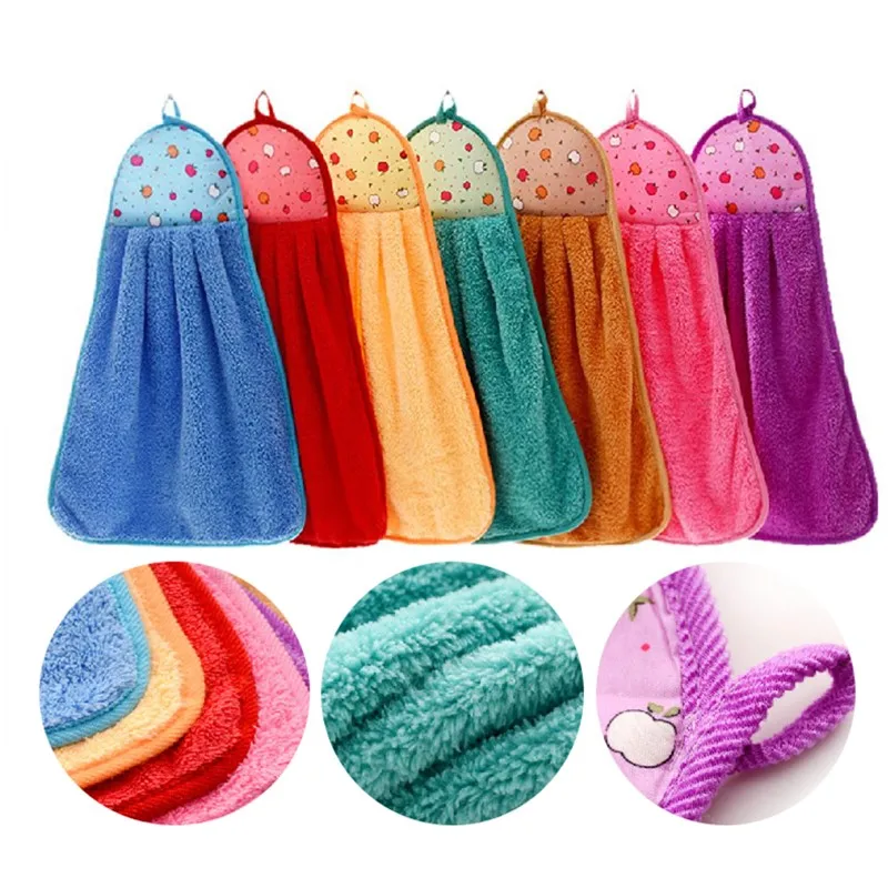 

1pcs Hand Towel Plush Nursery Hanging Kitchen Bathroom Thick Soft Cloth Wipe Towel Cotton Non-oil-Stick Dish Washing Quick-dry