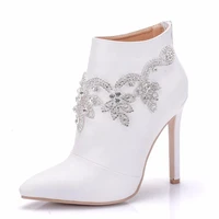 white rhinestone boots women autumn winter shoes leather pointed toe banquet wedding shoes luxury ladies ankle boots high heels