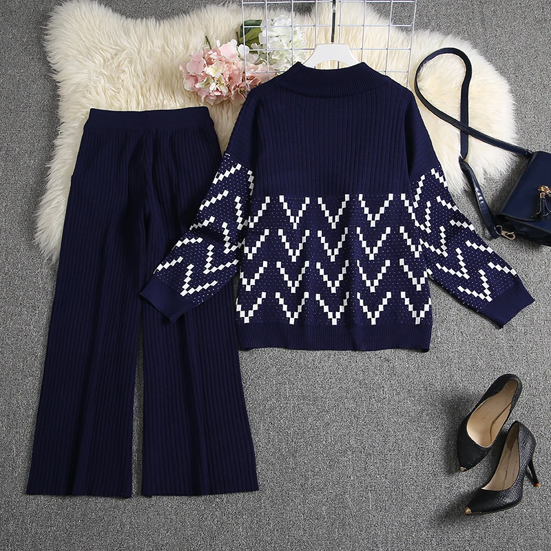 Женский вязаный свитер ALPHALMODA Свободный пуловер с круглым вырезом + широкие брюки