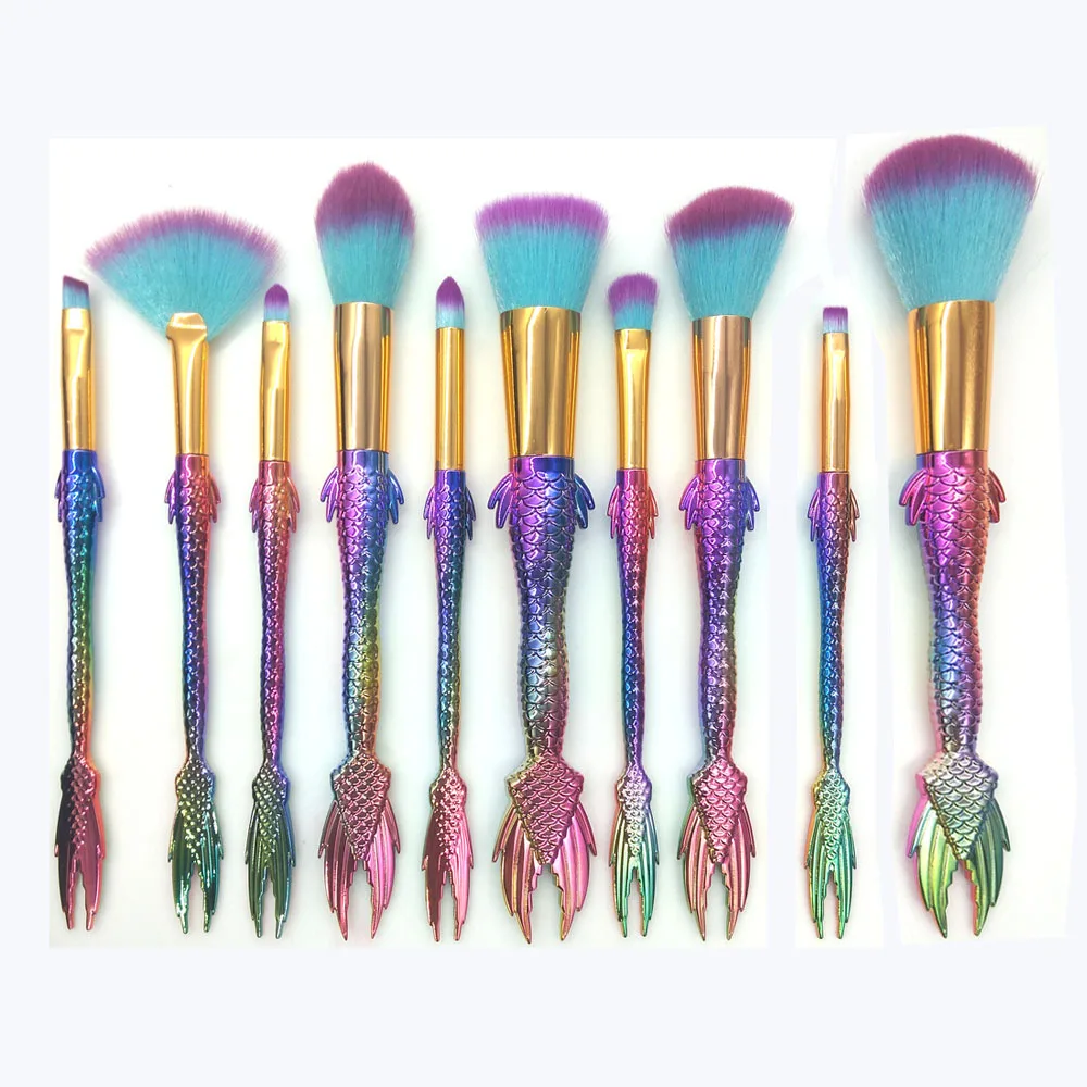 

10pcs Mermaid Makeup Brushes Set Foundation Blending Powder Eyeshadow Blush Cosmetic Beauty Fish Tail Brush Tool