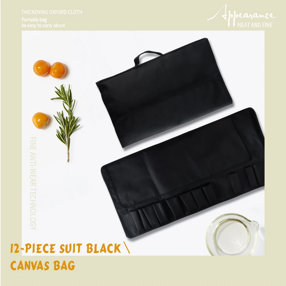 Дамасская 12 шт. сумка для кухонных ножей прочная черная холщовая рулонная с