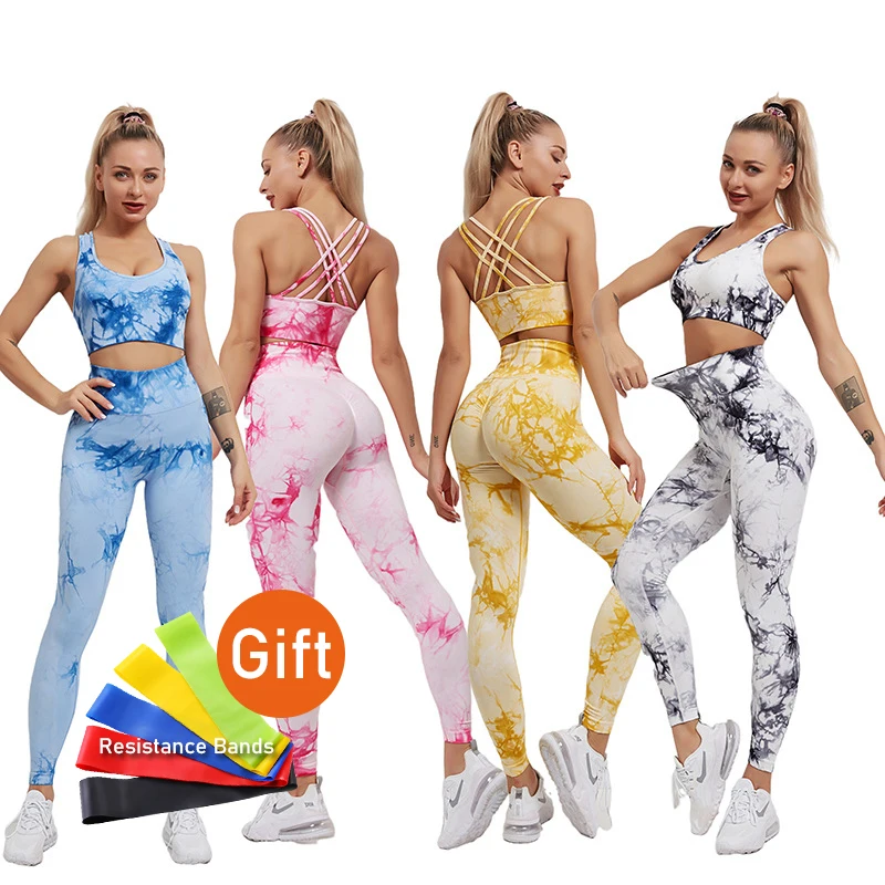 

Women's Sportswear Yoga Set Workout 2021 Tie Dyed Style Suit Gym Clothing Leggings Seamless For Fitness Bra Crop Top Sleeveless