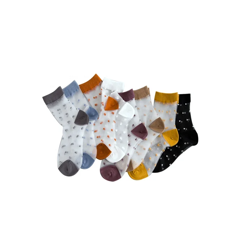 

Fashion Cute Colored Dots Toe Heel Top White Sheer Women Ladies Custom Quarter Socks