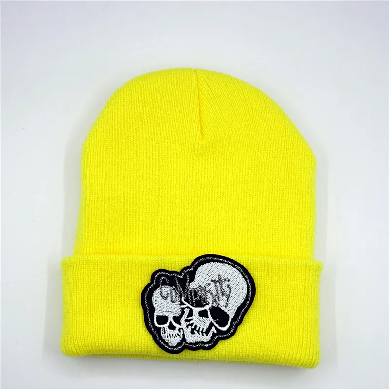 

2020 Cotton Double Skull Embroidery Thicken Knitted Hat Winter Warm Hat Skullies Cap Beanie Hat for Men and Women 18