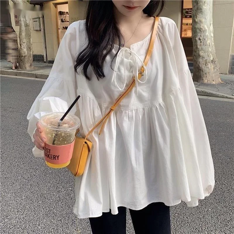 

Blouse Womens Bow Criss-cross Full Puff Sleeve 2020 New Loose Plus Size Chic O-Neck Soft Preppy Style Pullover Korean New Trendy