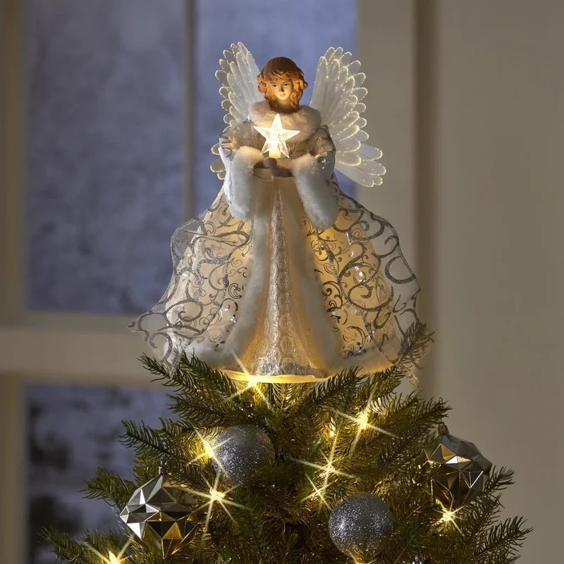 

Украшение для рождественской елки, золотистый ангел, кукла, верхняя звезда, светодиодная светящаяся Рождественская елка, верхнее украшение...