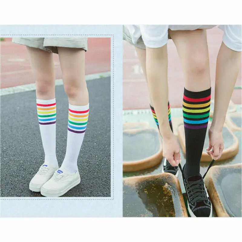 Чулки Женские радужные выше колена приталенные чулки до бедра цветные полосатые