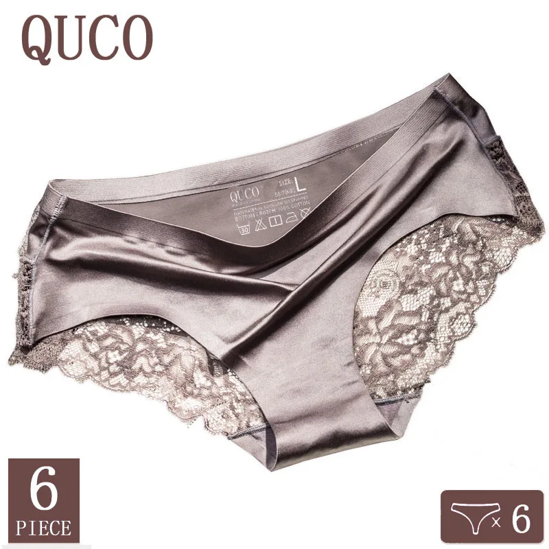 

6pcs/lot QUCO brand women underwear Ice silk seamless lace briefs sexy lingerie Women's panties