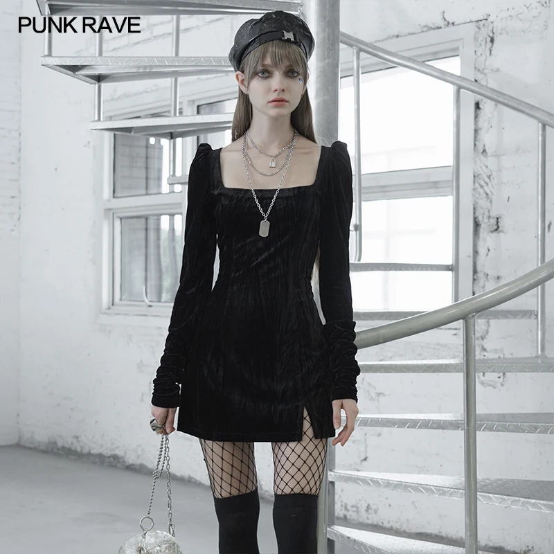 

PUNK RAVE Women's Textured Pleated Velvet Square Collar Package Hip A-Line Dress Gothic Daily Party Club Sexy Black Dress Women