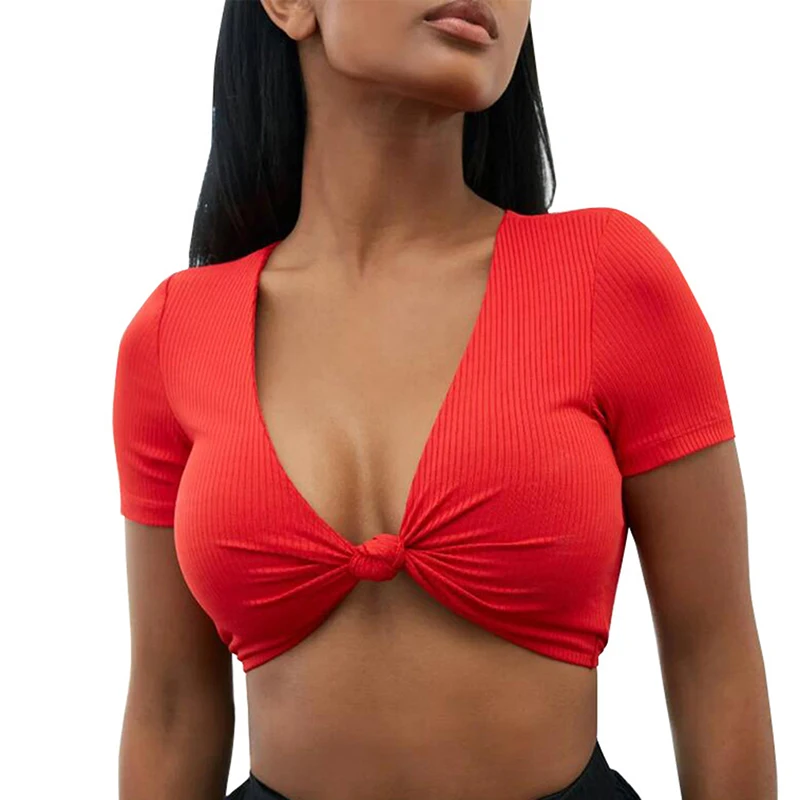 Women's Sexy Deep V Neck Tops Casual T Shirt Knot Front Short Sleeve Basic Tees Sleeveless Bow Strapped Camis Top | Женская одежда