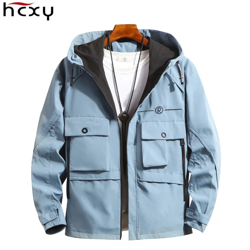 

HCXY 2021 Autumn Men's Hooded Cargo Jacket Coat Boys Teenage Students Korean style Men Casual Outwear Coats with big pockets