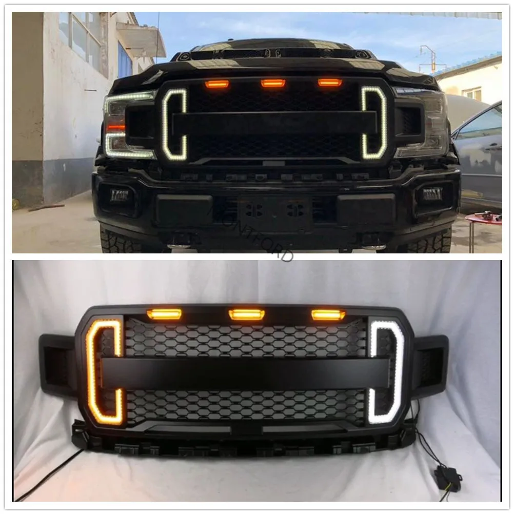 Передняя решетка Raptor Стиль для Ford 2018 2019 F150 с янтарем светодиодный светильник