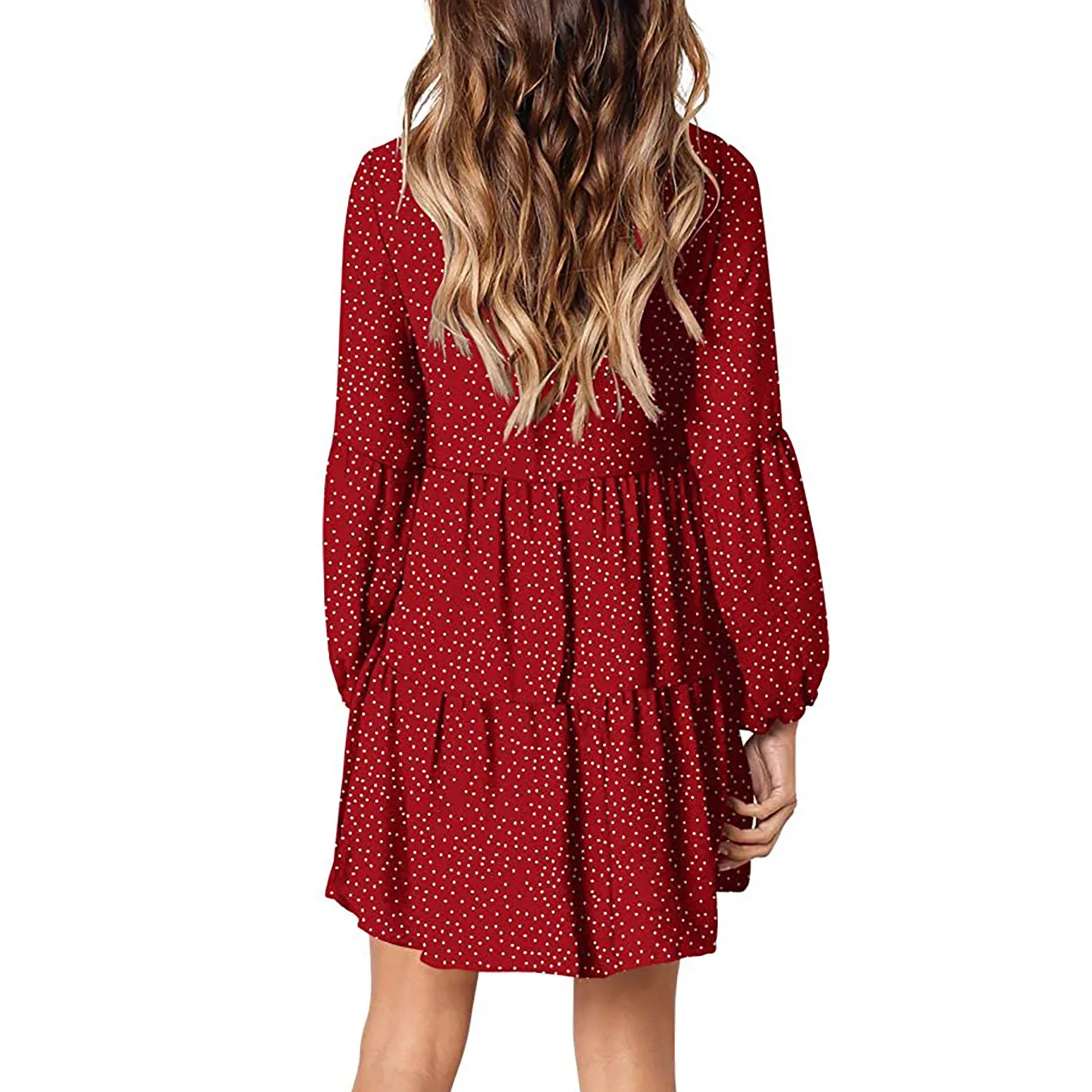 

2021 Summer Women Dress Dots Print V-Neck Lantern Long Sleeve Mini Dress Ruffle Large Swing Casual Loose Sundress Vestidos