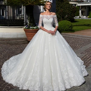 Luxury Wedding Dress Embroidered Lace On Net Ball Gowns Beading Full Sleeve With Boat Neck Sashes Vestido De Noiva Plus Size