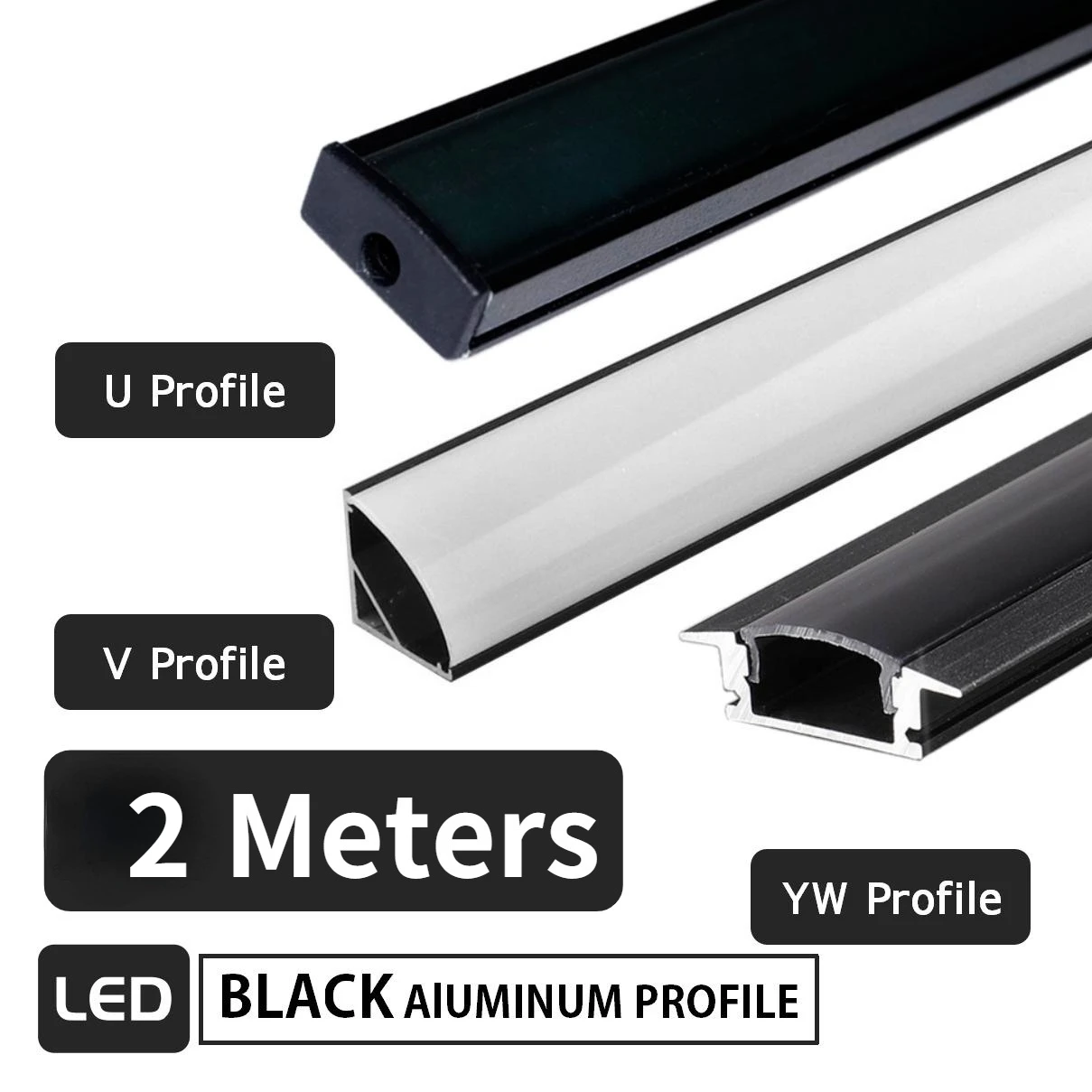 Perfil de aluminio estilo V U YW, accesorio negro de 2M para tiras LED de canal de aluminio, para 100, 3528, 5050, 5630, 7020, 8520 unids/lote