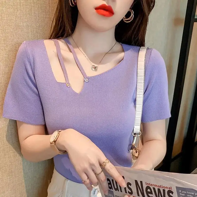 

Irregular knitted short sleeve T-shirt for women 2021