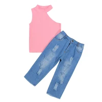 kids set clothing sleeveless irregular cut top ripped denim trousers casual style summer childrens clothing girl two piece set