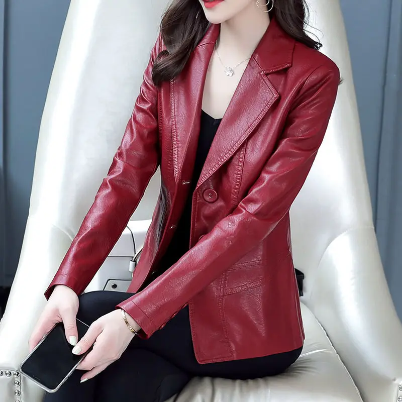 2021 Women Autumn Winter New Faux Leather Jacket Lady Single Breasted Long Sleeve Short Coat Female Casual  Outwear H212