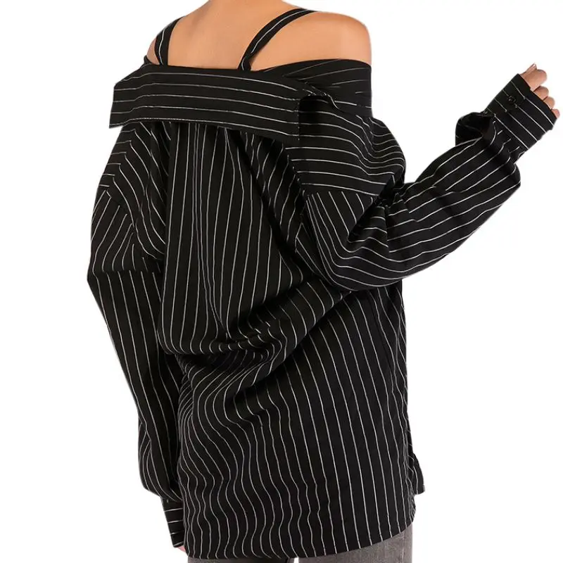 

Fashion New Personality Black Strap Button Vertical Stripe Off Shoulder Long Sleeve Black One Size Women Blouse