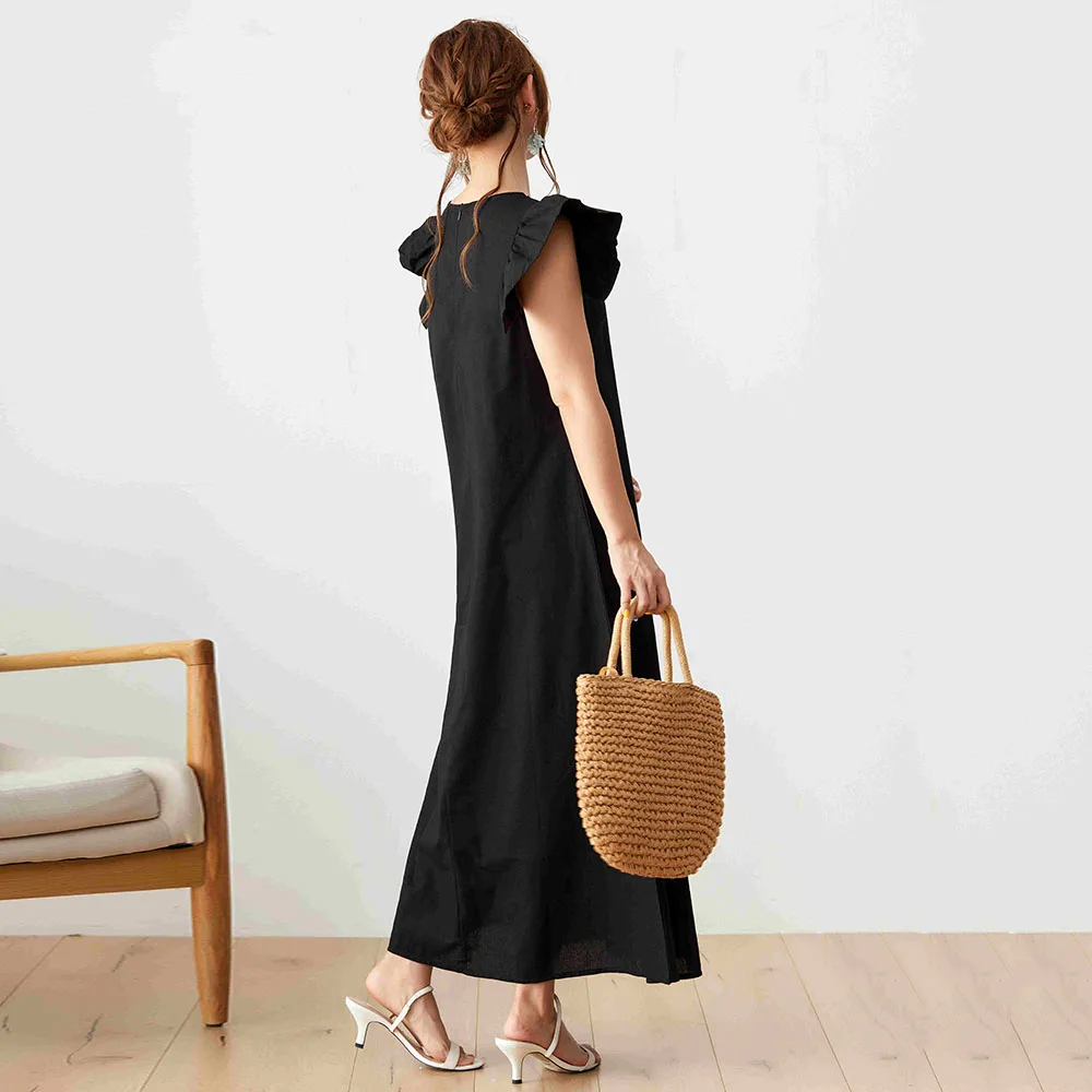 Женское длинное платье с оборками повседневное ТРАПЕЦИЕВИДНОЕ черное пуловер в