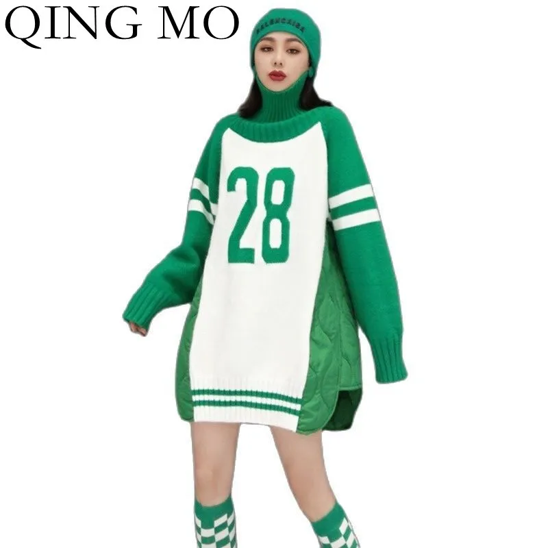 

Женский трикотажный свитер с надписью QING MO, зеленый пуловер с контрастной строчкой и высоким воротником, зима 2021