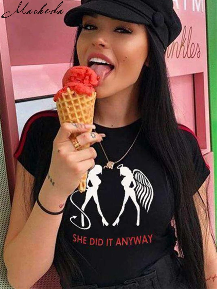 

Macheda Round neck 100% cotton Slim Ladies T-shirt monogram print fashion versatile slim Ladies crop top street trend versatile