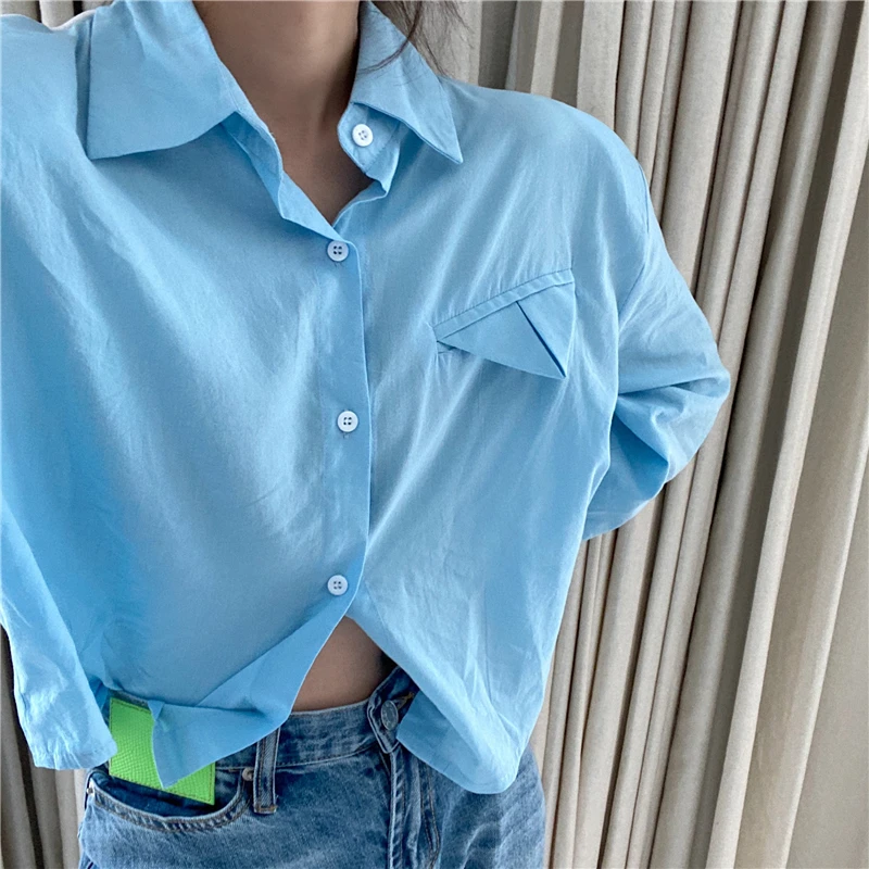 

Blue Crop Top Loose Women's Clothing Autumn Style Fashion Brand Blouses Ladies Shirts New Korean Clothes Long Sleeve New