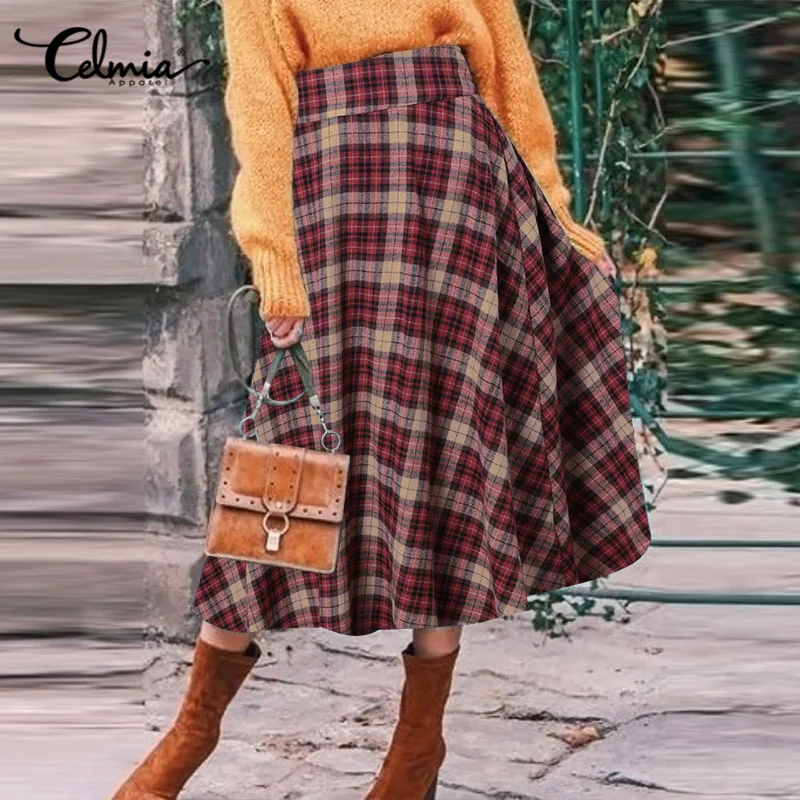 

Celmia Women Plaid A Line Long Skirts 2021 Autumn Vintage Elastic High Waist Brushed Faldas Office Lady Casual Loose Midi Jupes