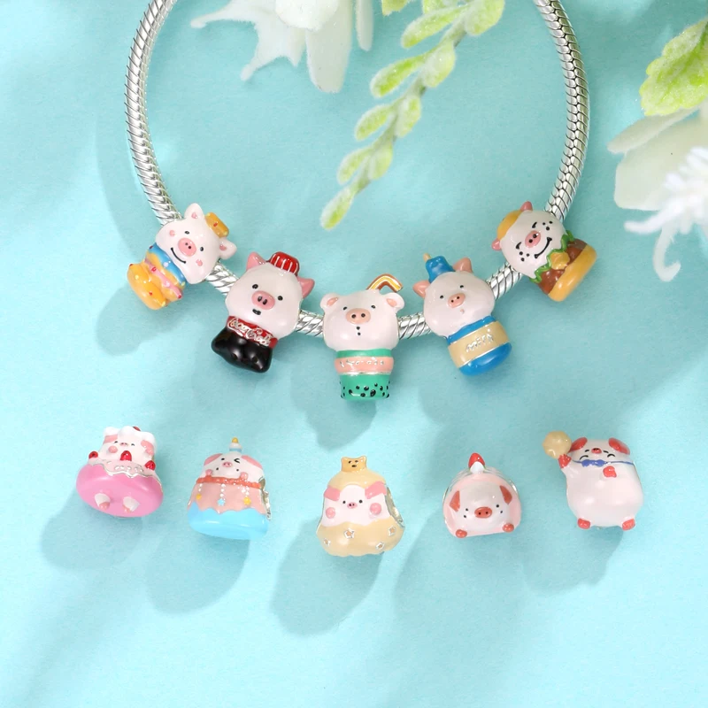 

Hot 925 Sterling Silver Funny piggy Food Charms Animal Beads Accessories fits Original DIY Bracelet Jewelry Making Gifts