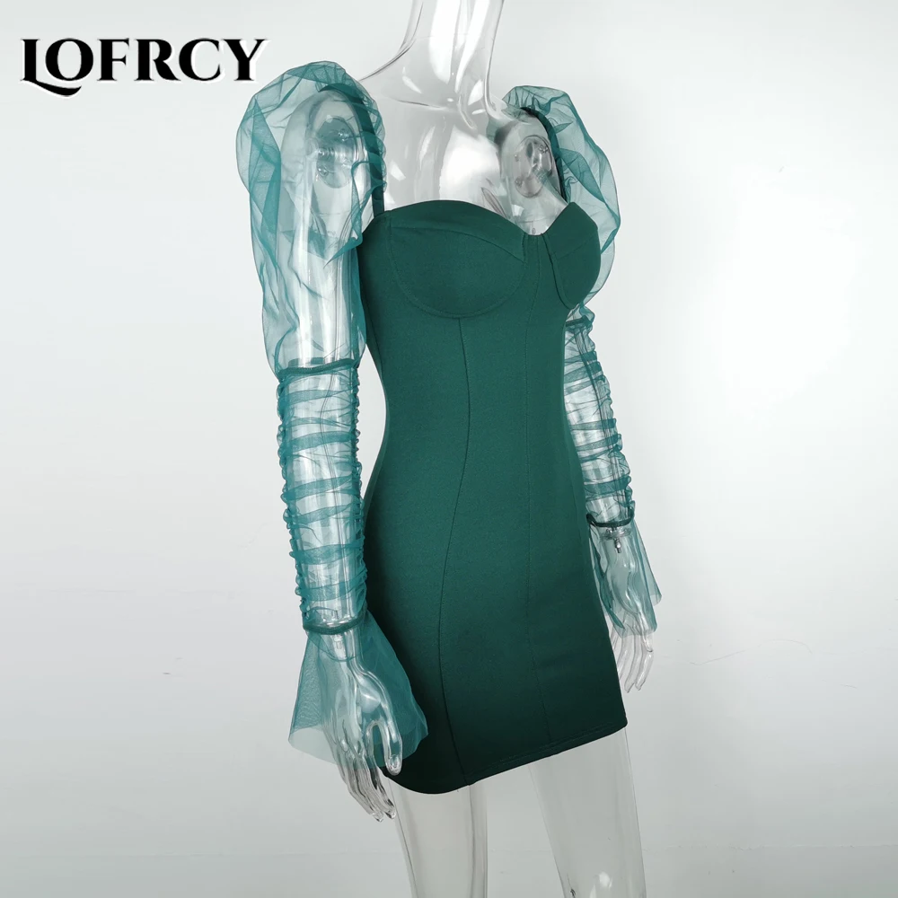 Шикарное облегающее мини платье Lofrcy с изумрудной сеткой рюшами и открытыми