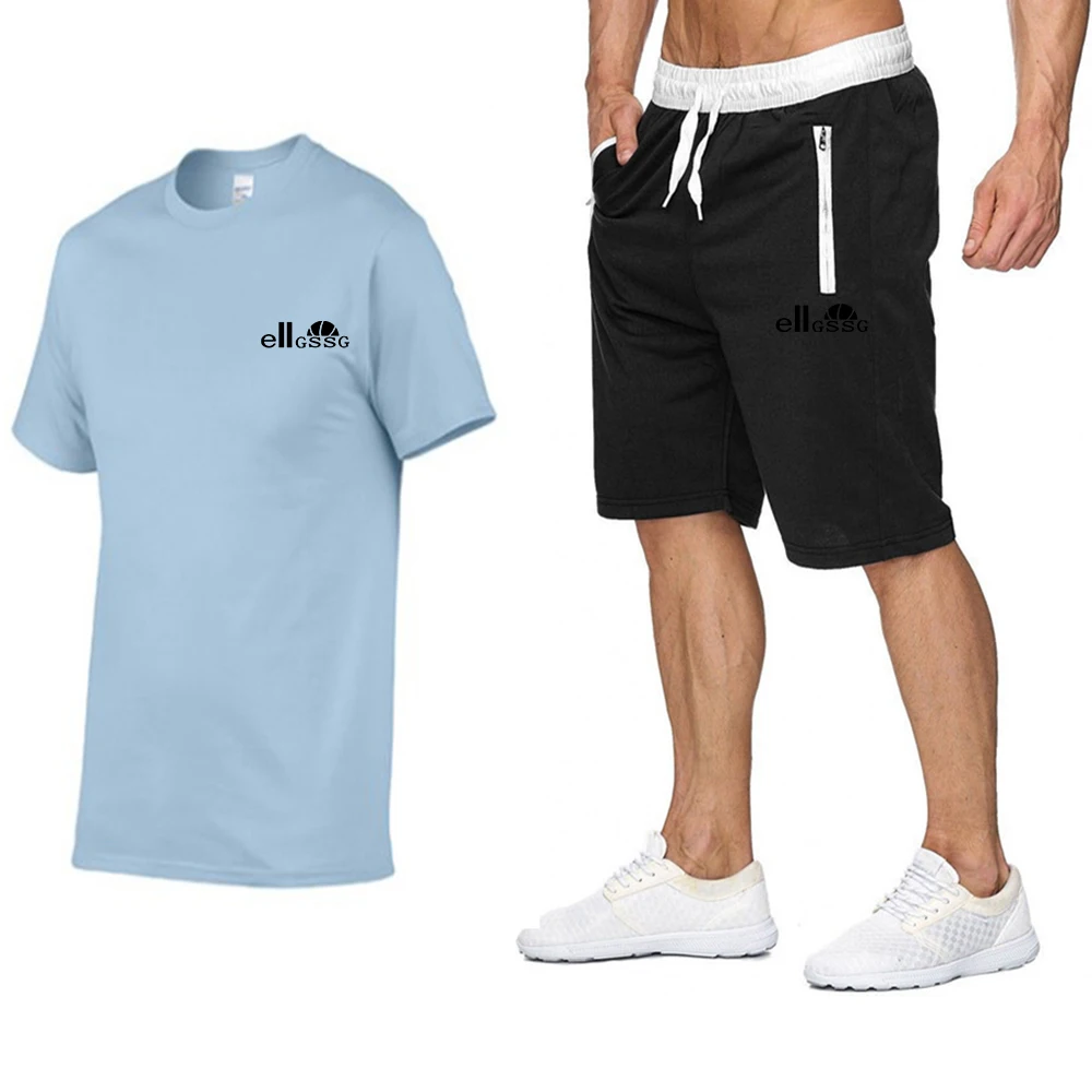 

Men's summer breathable sports short-sleeved T-shirt + tie rope zipper pocket shorts fitness basketball jogging fashion street
