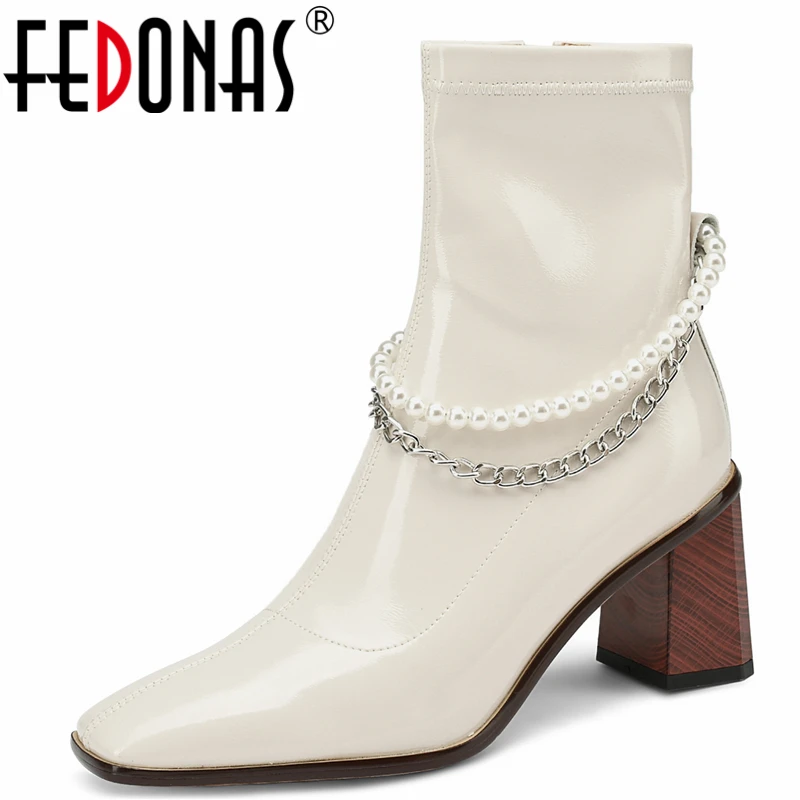 

FEDONAS Mature Elegant Women Ankle Boots Autumn Winter Office Lady Party New Pearl Chain High Heels Genuine Leather Shoes Woman