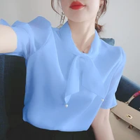 2021 summer new chiffon shirt female korean version of loose bow short sleeve shirt french style small shirt