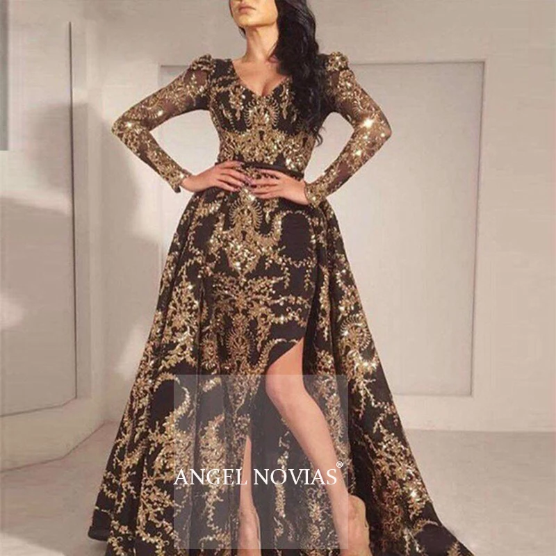 Luxury Black Gold Glitter Mermaid Long Sleeves Evening Dress 2021 Saudi Arabia Dubai Moroccan Sexy Formal Prom Party Gowns | Свадьбы и