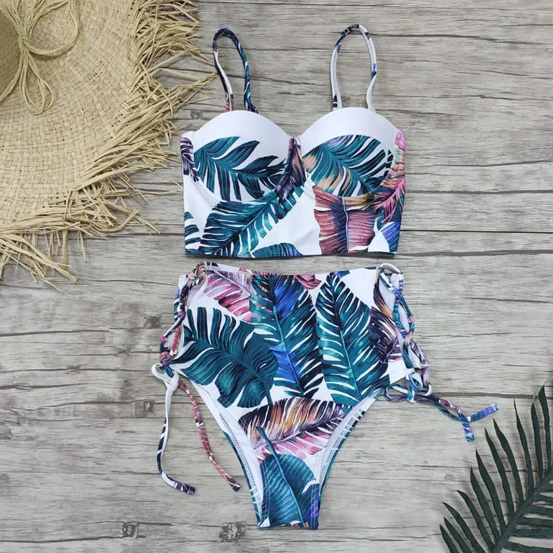 High Waist Swimwear 2019 New Leaf Print Bikinis Women Swimsuit Vintage Retro Bathing Suit Halter Biquini Maillot de bain femme | Женская