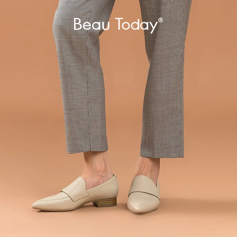 BeauToday/женские лоферы из натуральной телячьей кожи слипоны с острым носком сезон