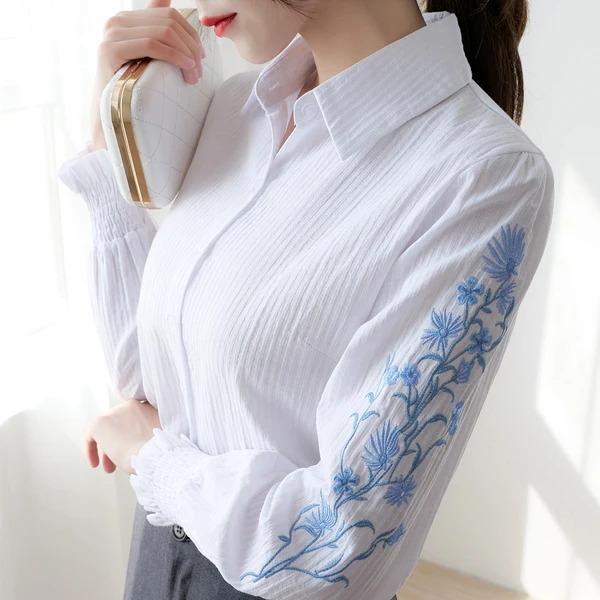 

Cotton Loose Women's Shirts New Fashion Blouses Casual Long Sleeve Blusas Printing Polo Collar Shirts Autumn Houthion
