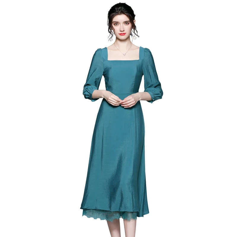 

COIGARSAM French Style Lace Women Long dress New Summer Puff Sleeve Square Collar Dresses Lake Blue 5102