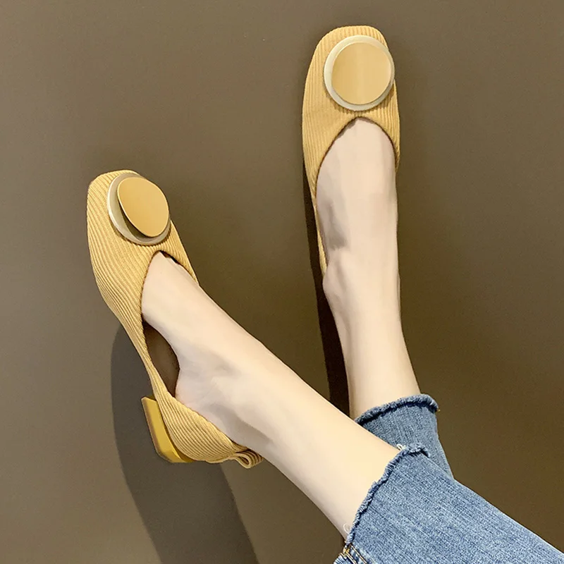 

Square Toe Shoes Woman 2021 Slip-on Shallow Mouth Metal Chain Knitting Flats Casual Female Sneakers Autumn Ladies' Footwear New