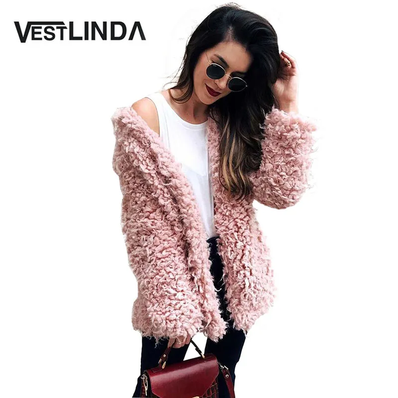 VESTLINDA, Женское зимнее розовое шерстяное пальто, теплая верхняя одежда, пальто из искусственного меха, отложной воротник, длинный рукав, кардиган, женская верхняя одежда