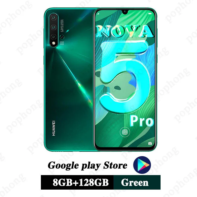 8G 128G green huawei Nova 5 pro, 8 ГБ, 128 ГБ, мобильный телефон, четыре ядра, 6,39 дюймов, OLED, Android 9,0, 3500 мАч, встроенный экран, отпечаток пальца, Google play - Цвет: 8G 128G green